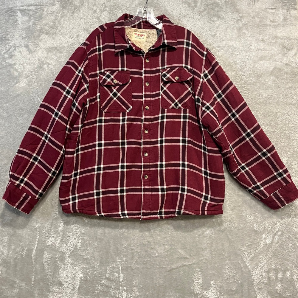 Wrangler Flannel Shirt Jacket Mens XL Burgundy Plaid Sherpa Lined Heavyweight
